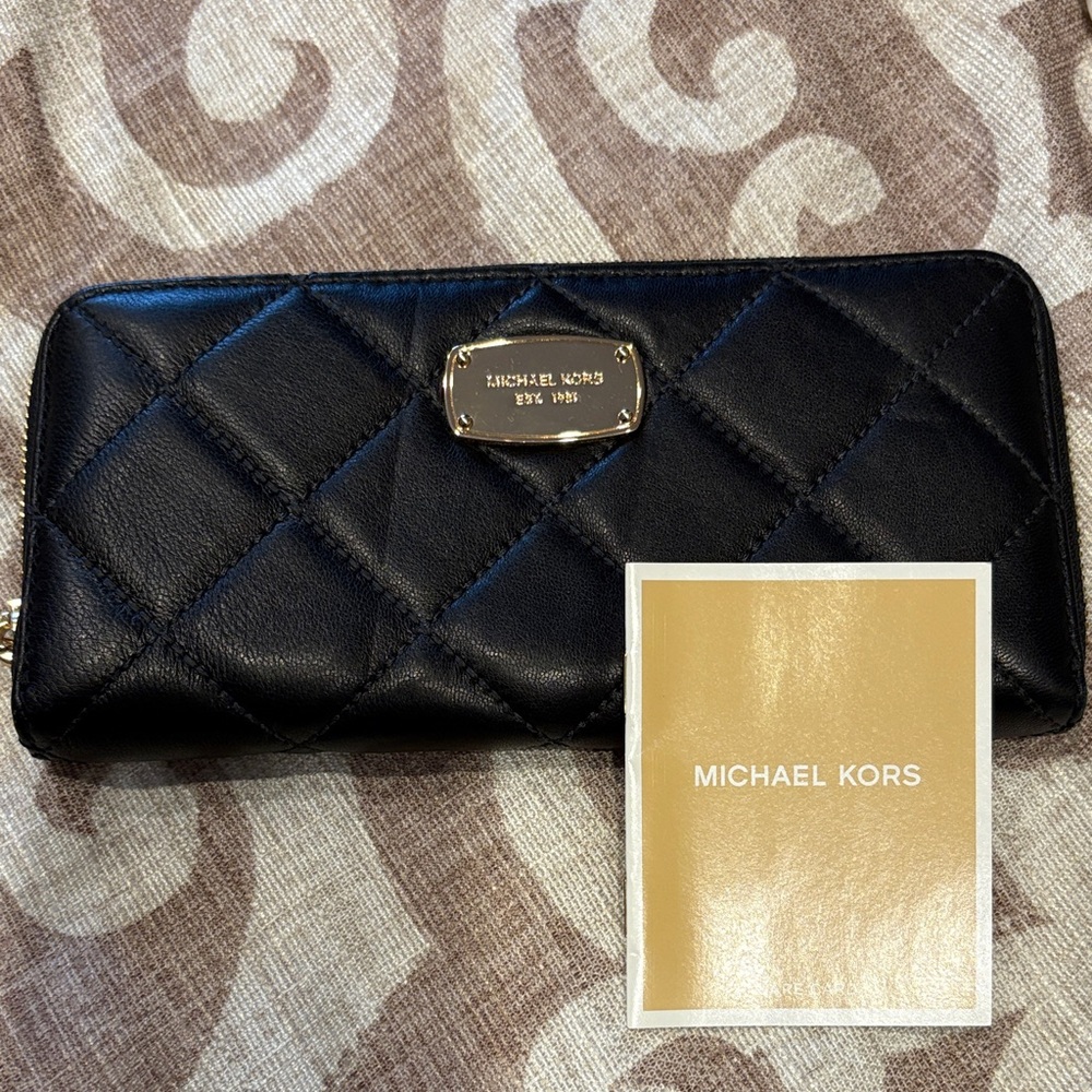Michael Kors Black Quilted Leather Zip-Around Wallet with Gold Plaque